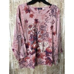 New K-Mart Basic Editions Womens Top Size XL Grannycore Cat Floral Fall Tee